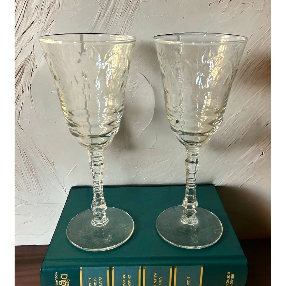 2 MCM Rock Sharpe Clear Glass Arctic Rose  Polish Cut Water Goblet Barware